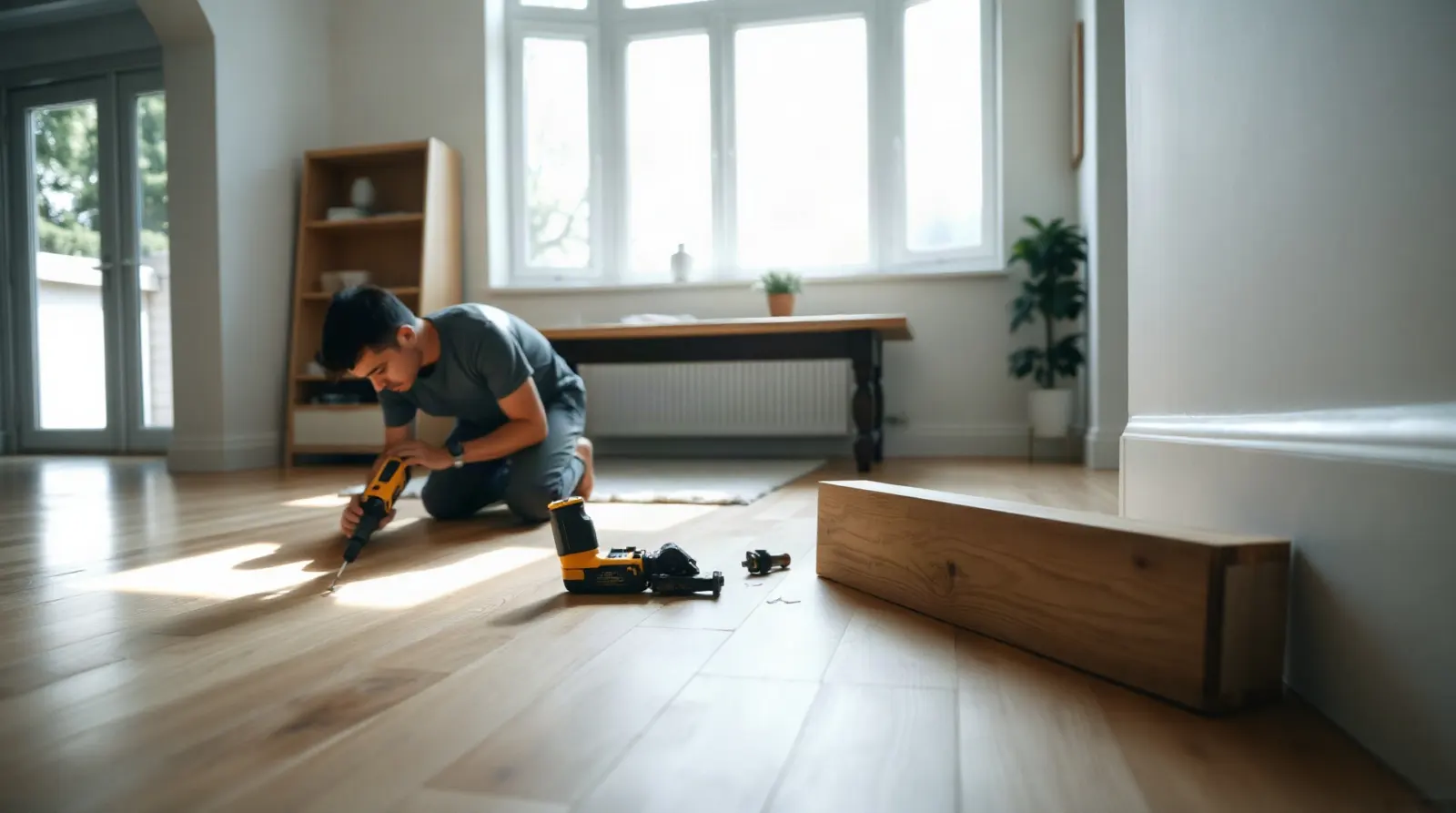Bricoleur à genoux refixant une lame de parquet avec une visseuse dans un salon