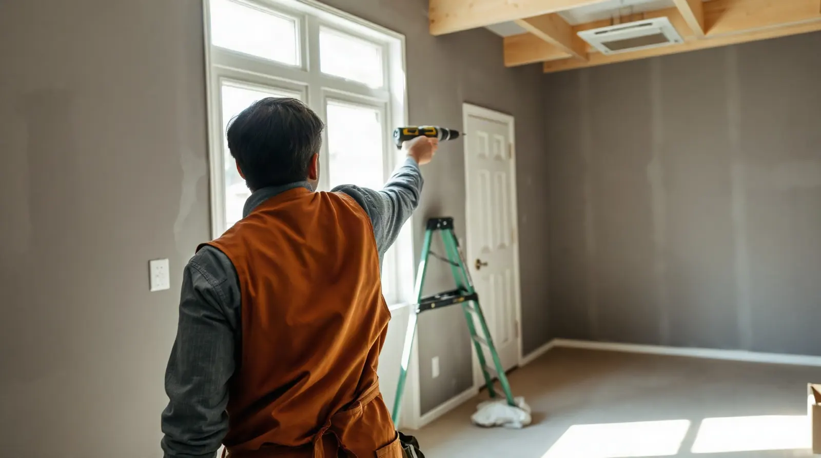 Bricoleur perçant une cloison en placo avec une perceuse-visseuse