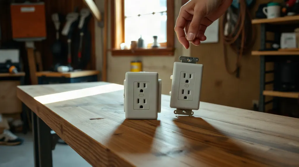 Comparaison entre une prise électrique 16A et une prise 32A posées sur un établi