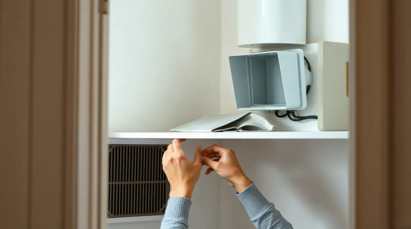 Filtre de VMC double flux sorti de son logement pour inspection