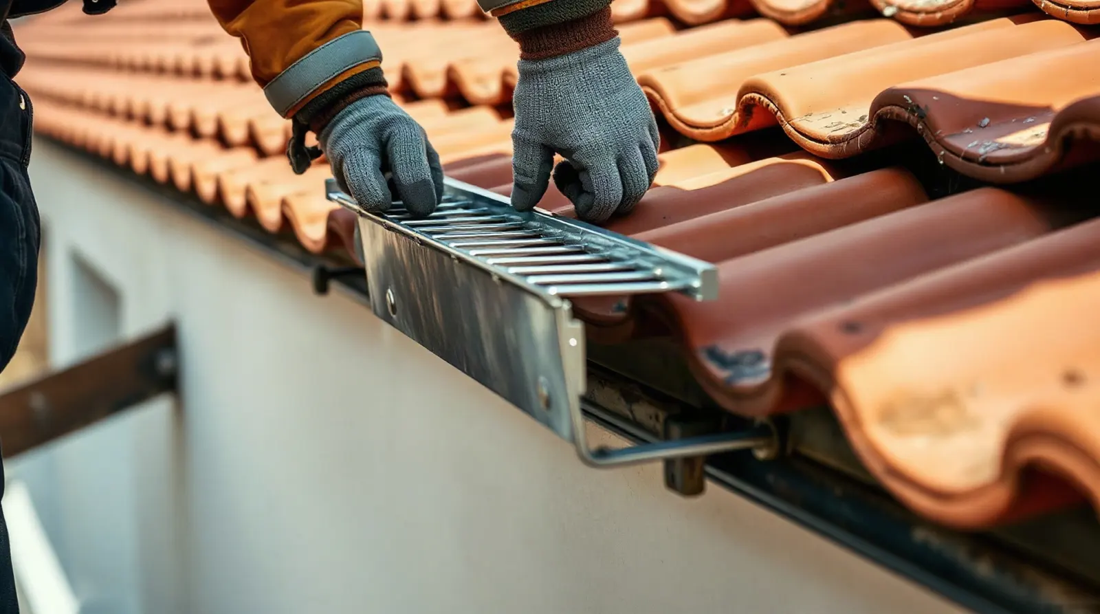 Gouttière propre équipée d'une grille brise-feuilles en acier
