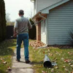 Homme nettoyant une gouttière depuis le sol avec une perche télescopique