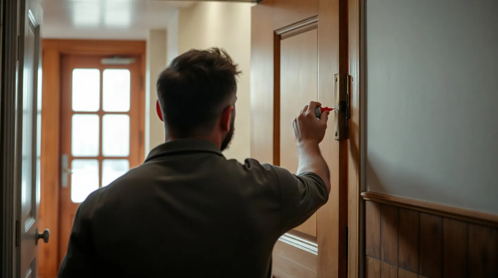 Homme vaporisant du WD-40 sur une charnière de porte rouillée
