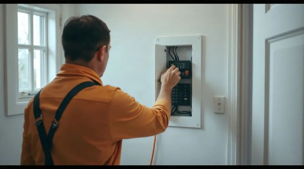 Électricien vérifiant le tableau électrique d'un logement