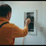 Électricien vérifiant le tableau électrique d'un logement