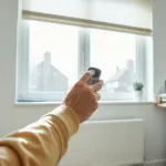 Mains appuyant sur une télécommande Somfy face à un volet roulant fermé