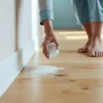 Pot de talc posé sur des lames de parquet en bois clair avec des joints visibles