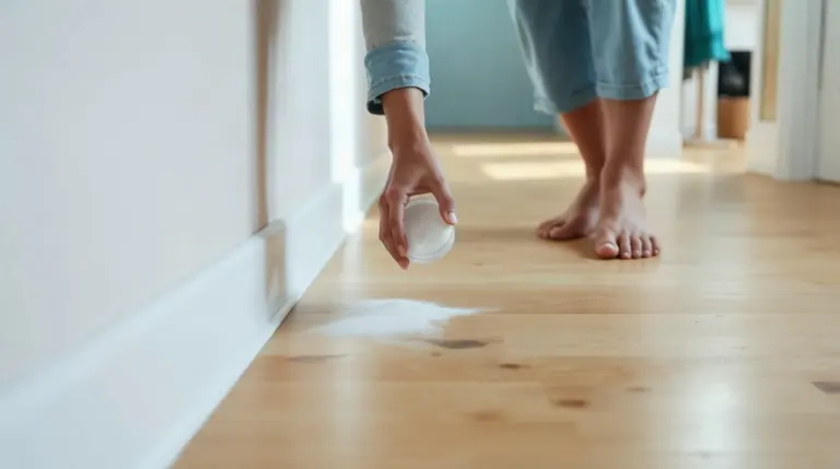 Pot de talc posé sur des lames de parquet en bois clair avec des joints visibles