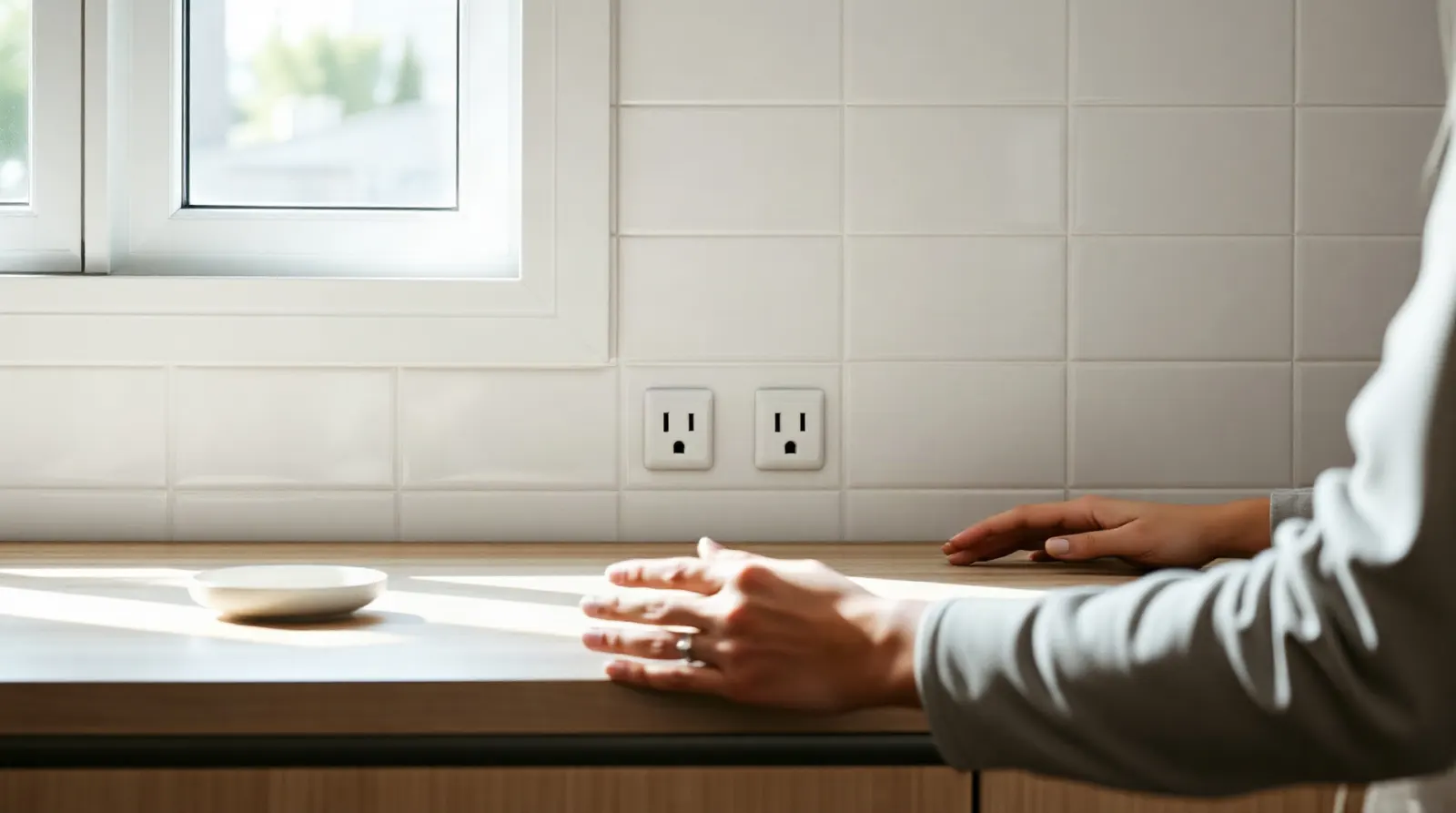 Prises de courant encastrées au-dessus du plan de travail dans une cuisine moderne