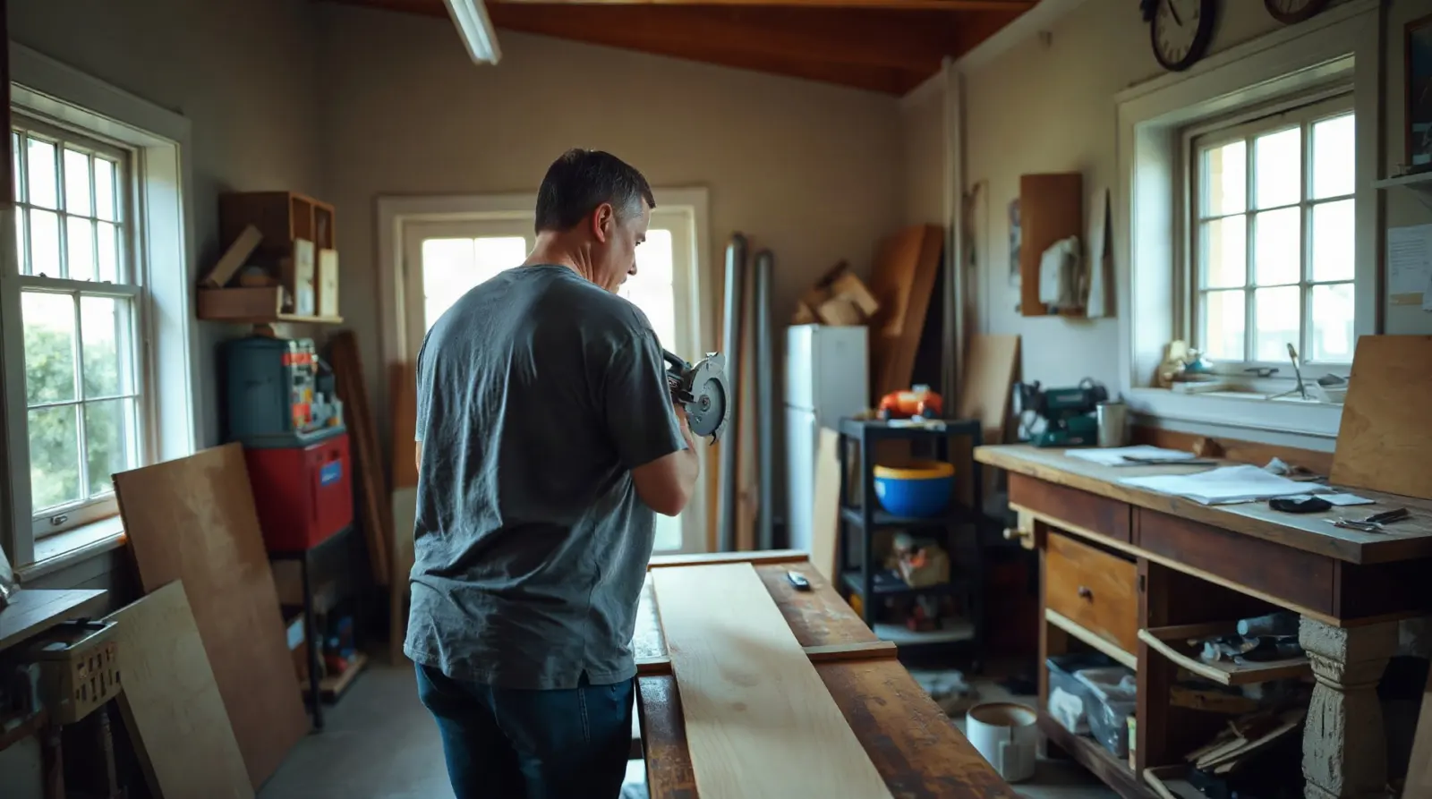Découpe de planches en bois dans un atelier de bricolage