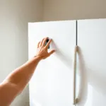 Main appuyant sur le panneau de commande d'un frigo américain Samsung