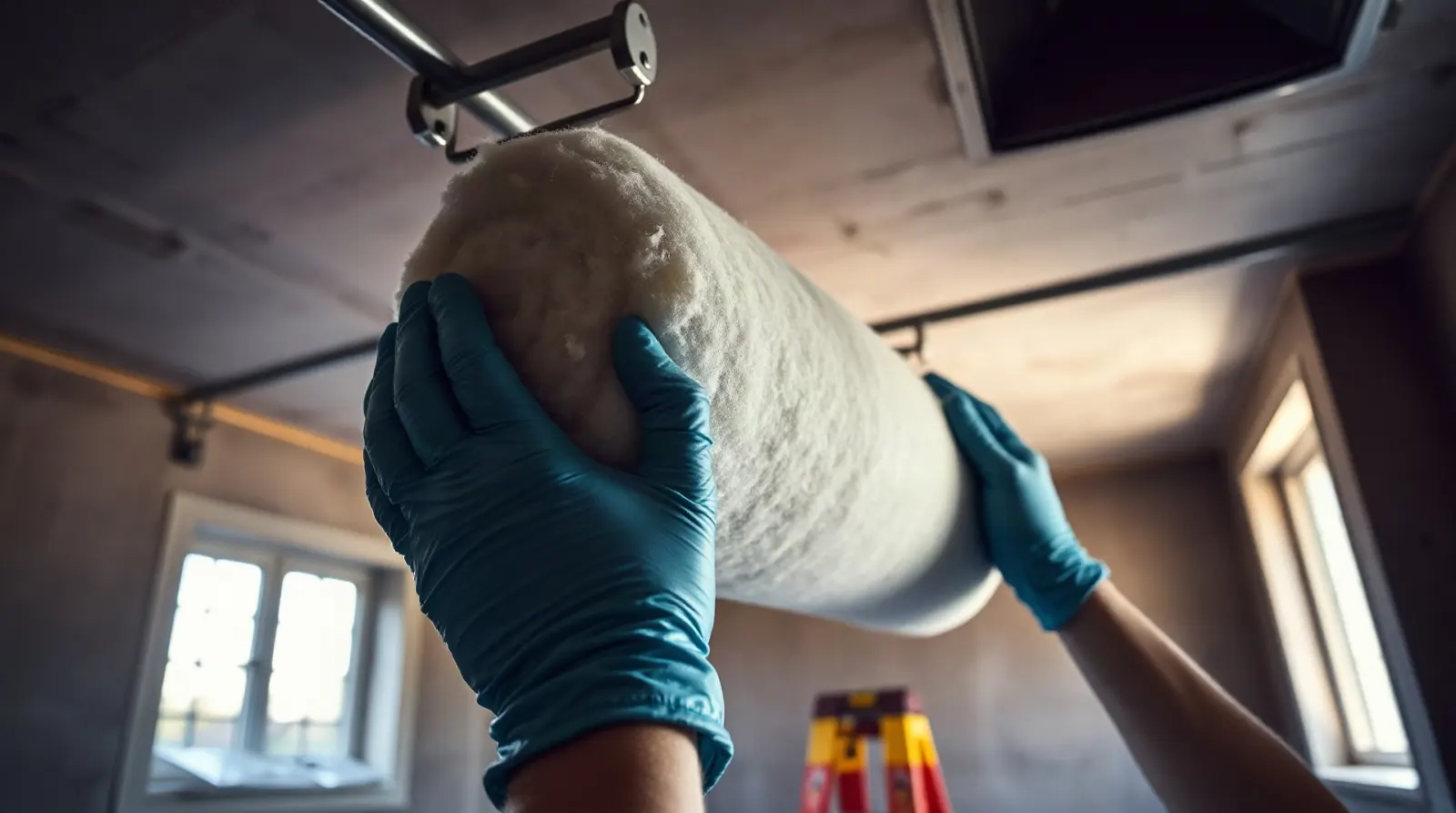 Rouleau de laine de roche entre profilés de faux plafond